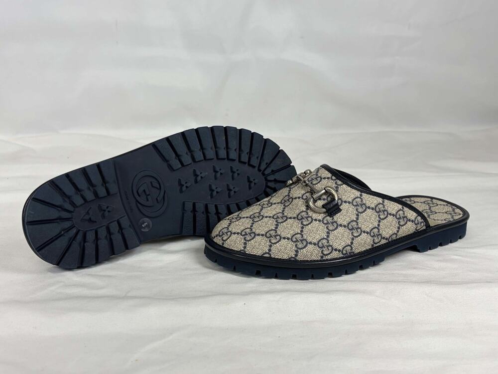 GUCCI Mule Slippers GG Navy Monogram & Silver tone Horsebit Size 5 SPB JA-368398